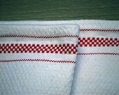 Country Charm Collection---Organic White Huck Toweling with Small Red Checks