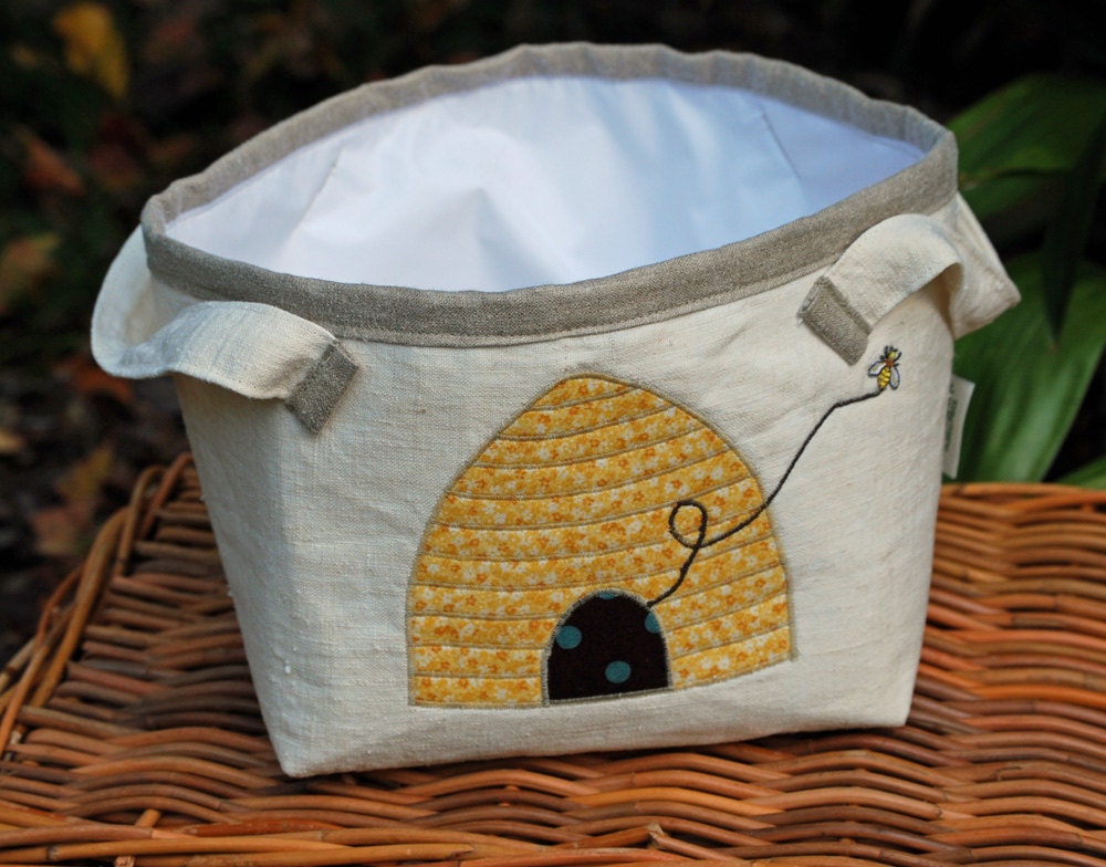 Antique Grain Sack Linen Cozy Bowl/Basket with Food Safe Lining--Bee Skep
