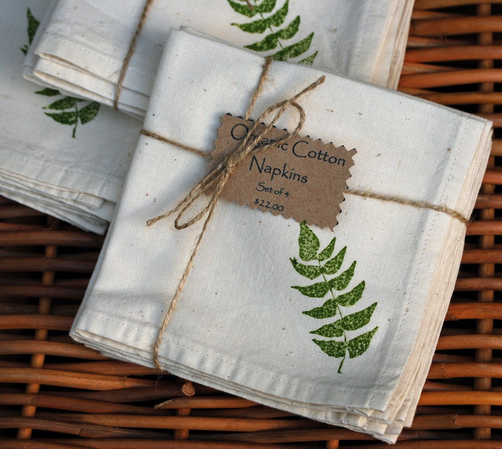 Organic Cotton Napkins--Green Fern Hand Ink Stamp (Set of 4)