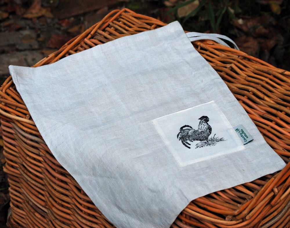 Vintage Hand Woven Linen Ditty Bag---Rooster