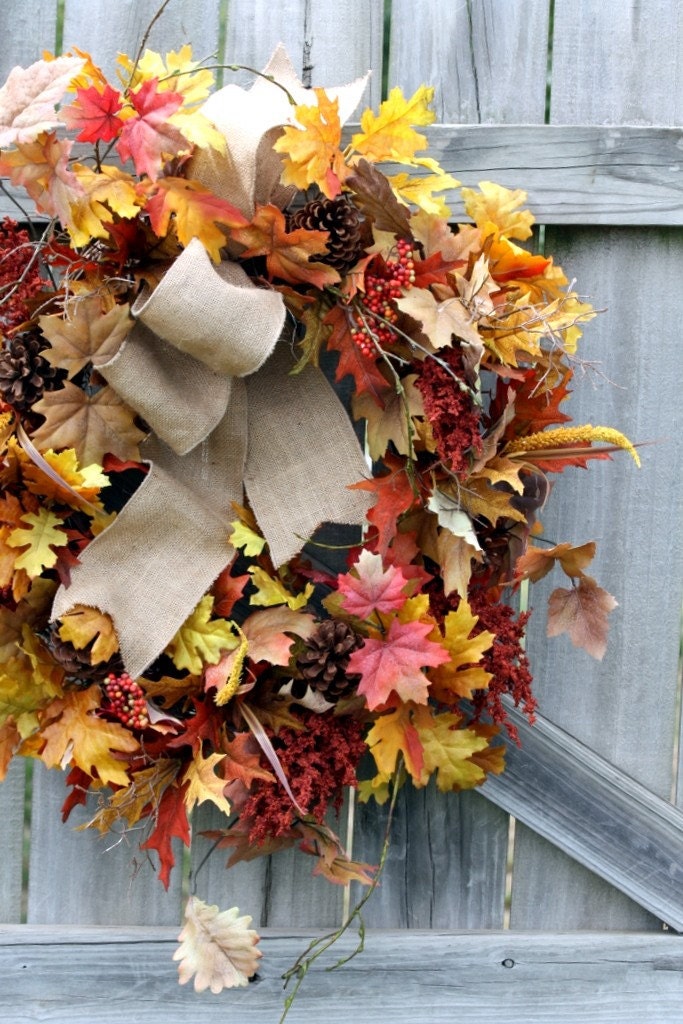 FULL 30" Fall Leaf Wreath with Burlap Bow