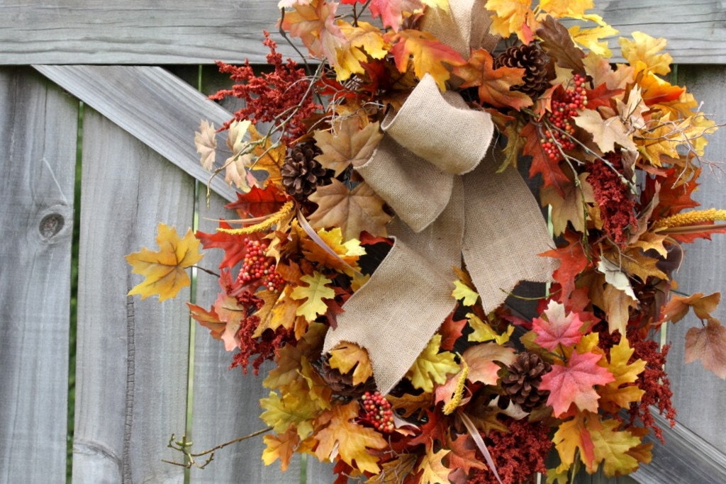 FULL 30" Fall Leaf Wreath with Burlap Bow