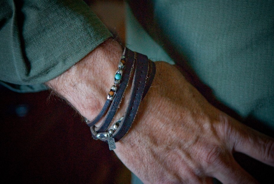 Spiral Jetty, Mens Leather Bracelet, Sterling Silver, Semi-Precious Stone Bracelet, Leather Cuff, Leather Bangle, Personalize