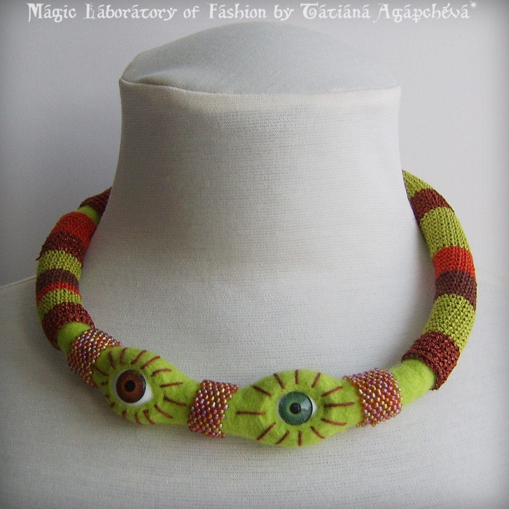 EYE of Providence Necklace with eyes in Pear  Couture Textile Jewelry collection FREE SHIPPING