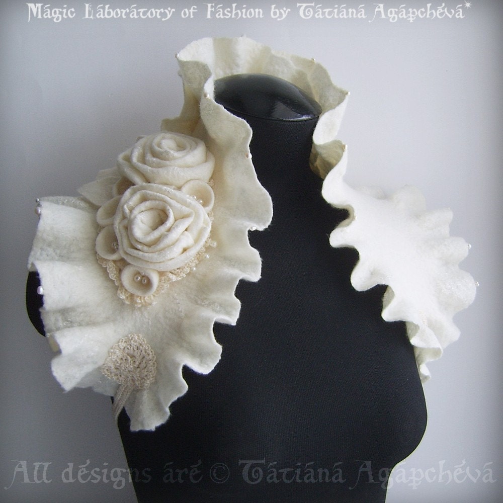 Bolero, Wrap, Wedding Bridal Pearls Felted Wool,Roses Gemstones Brooch LA DOLCE VITA, beaded with 35 freshwater pearls TianaCHE