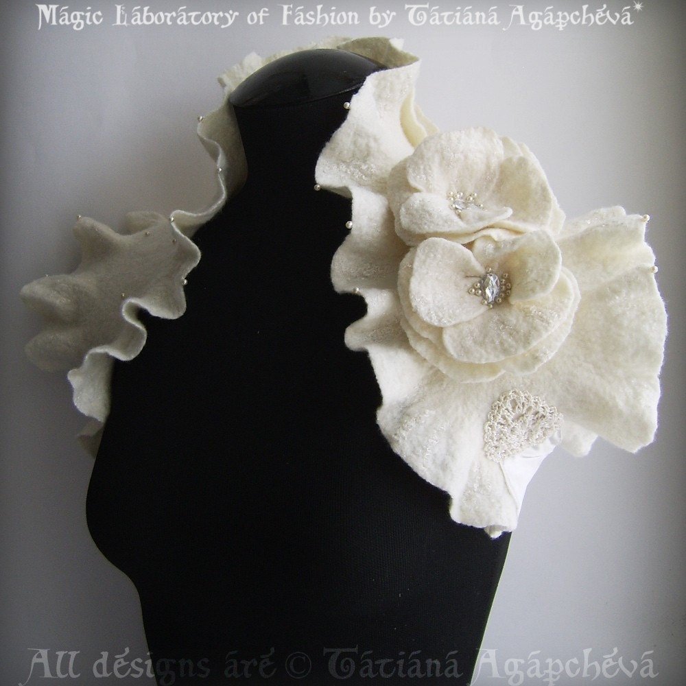 Felt Bolero, Wrap Wedding Bridal, Special Occasions, Felted, Roses Movable Corsage FLOWERS OF ROMANCE