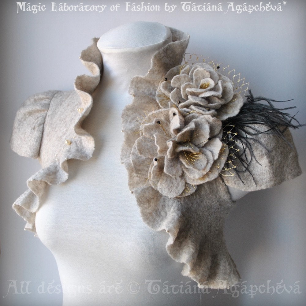 Jacket, Bolero, Shrug, Jacket Wedding Ecru LUXE /The LOVE Ball/ Cap Sleeves, Beige Champagne US 6, Peonies Brooch, 2013 Best Seller