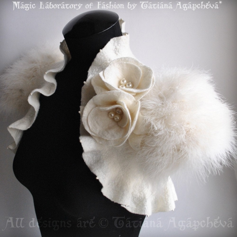 Bolero, Shrug, Jacket Wedding Felted, Marabou Bridal Felted, Cap Sleeves /The Swan Princess/ Roses, Pearls Brooch
