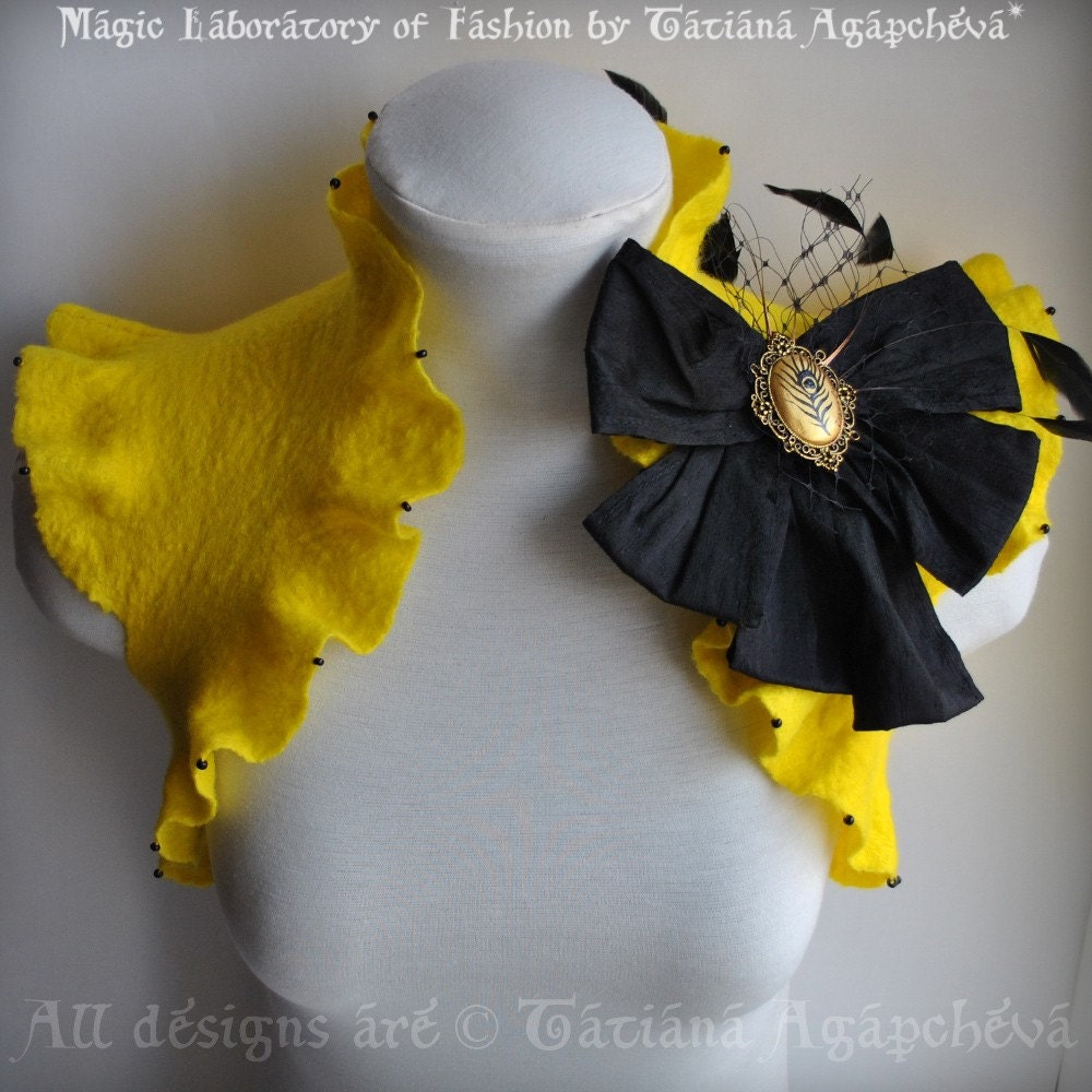 Bolero Shrug Jacket Yellow Black Felted, Dupioni Bow, Painted Peacock Cameo Brooch /The Aristocrat/ US Size 6