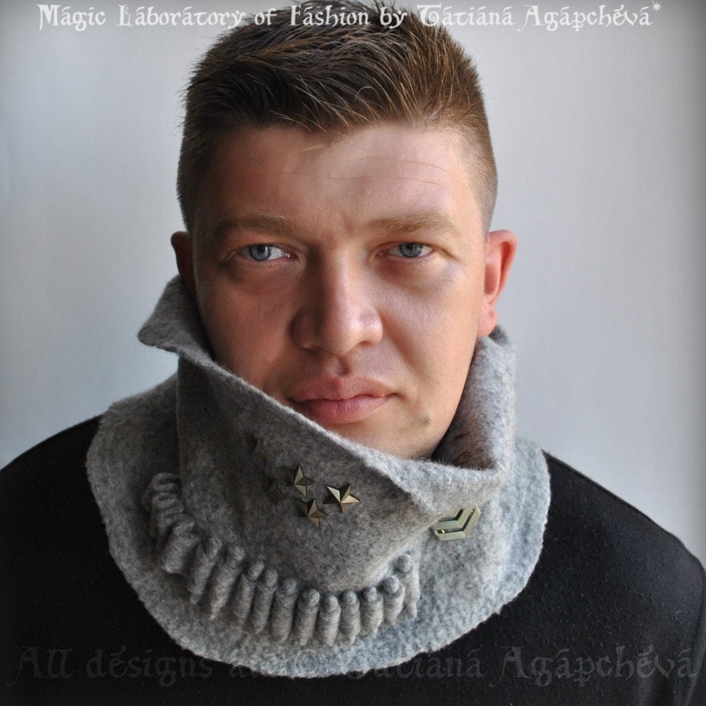 SALE Scarf Cowl Neckwarmer Men Grey Merino Felted For HIM Bandoleer Bullet Urban Military Homme 2011