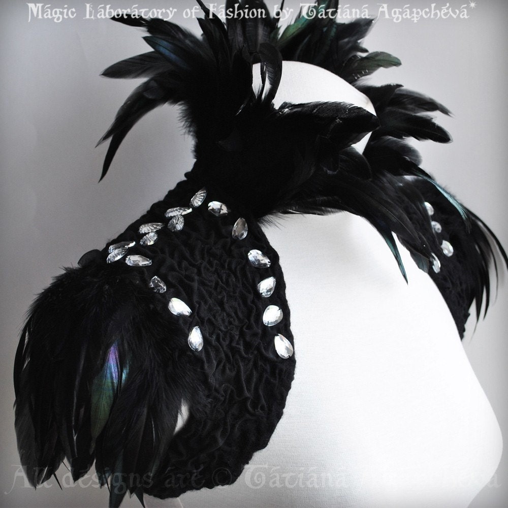 Bolero Shrug La Marquise Casati Goth Decadent Felted Black Silk Chiffon Nunofelt, Feathers Empress Collar Epaulettes Sleeves Rhinestones