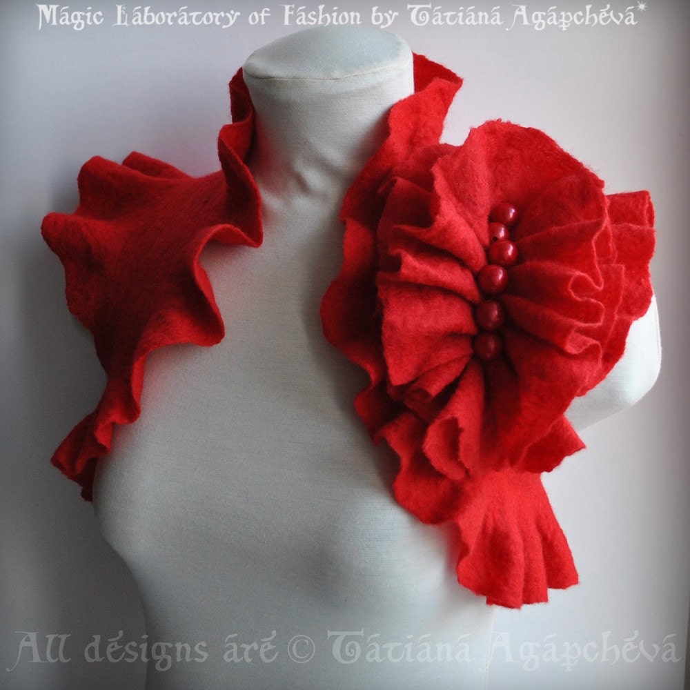 CLEARANCe Felted Boleo, Shrug Ruffle Corsage Red Wedding Felted, US Size6/UKSize10 Valentines X mas FREE SHIPPING Ready to Ship by TianaCHE