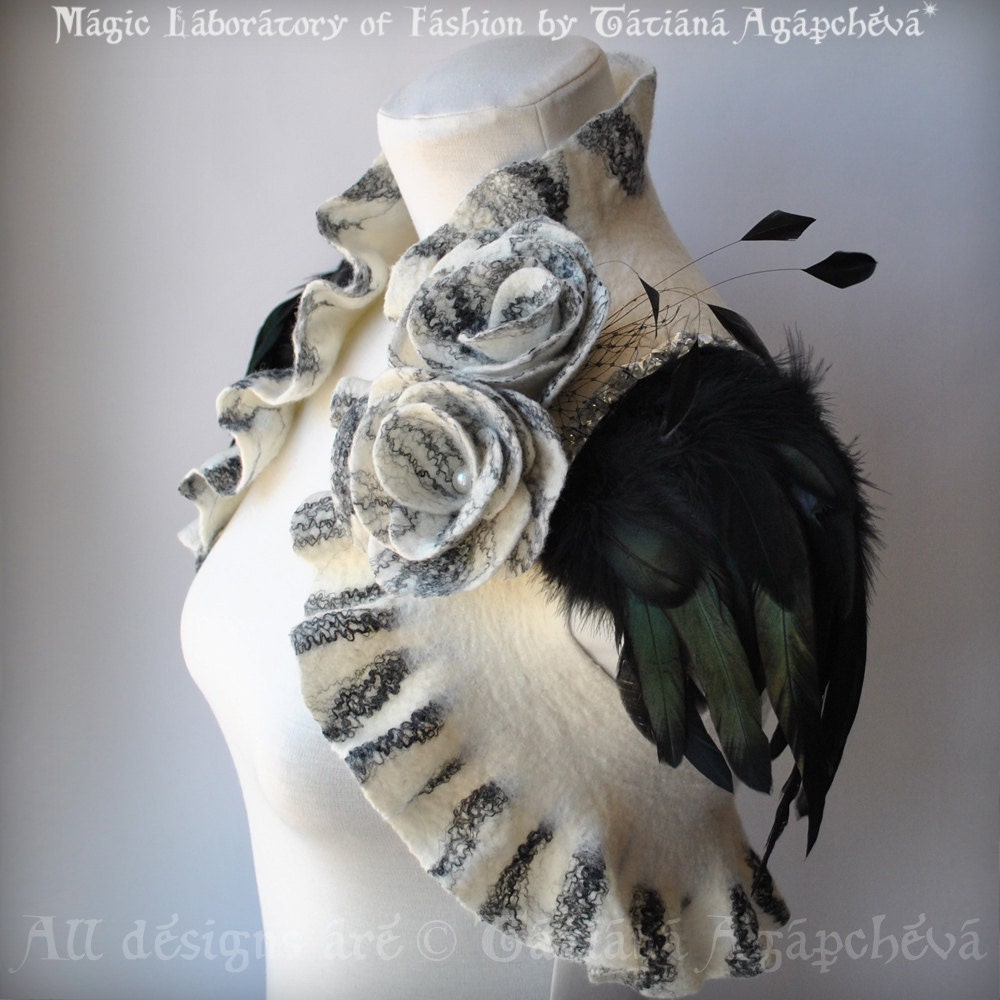 Shrug Bolero Felted Wedding Black White /SOLDIER of LOVE/ Bridal Merino/ Silk, Ivory, Flower Roses Brooch, Feathers Sleeves, US 6