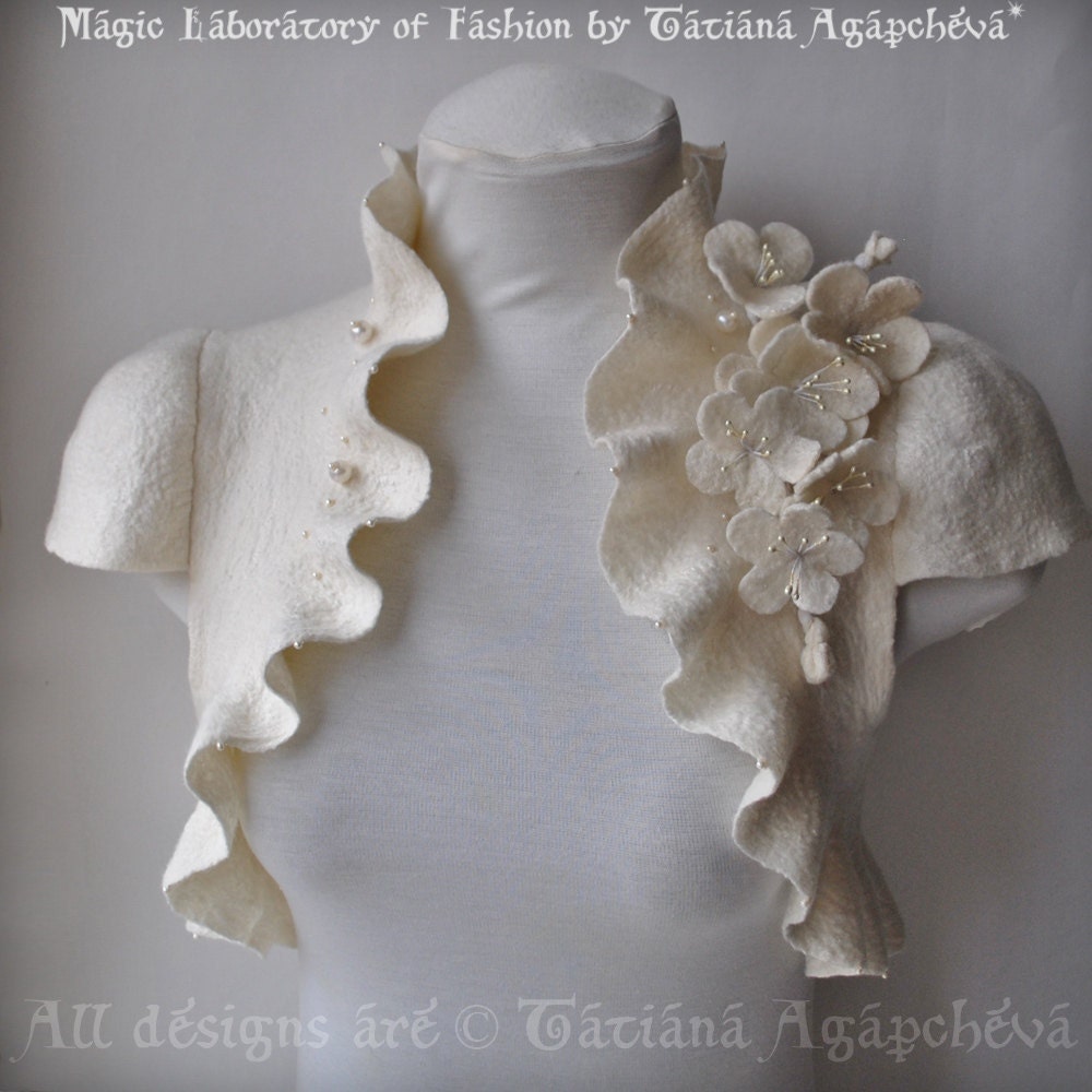 Statement Bolero, Shrug, Jacket, Ivory, Wedding Felted Couture, Blossoms Cherry Corsage, Cap Sleeves, US 6 /CHERRY Blossoms/