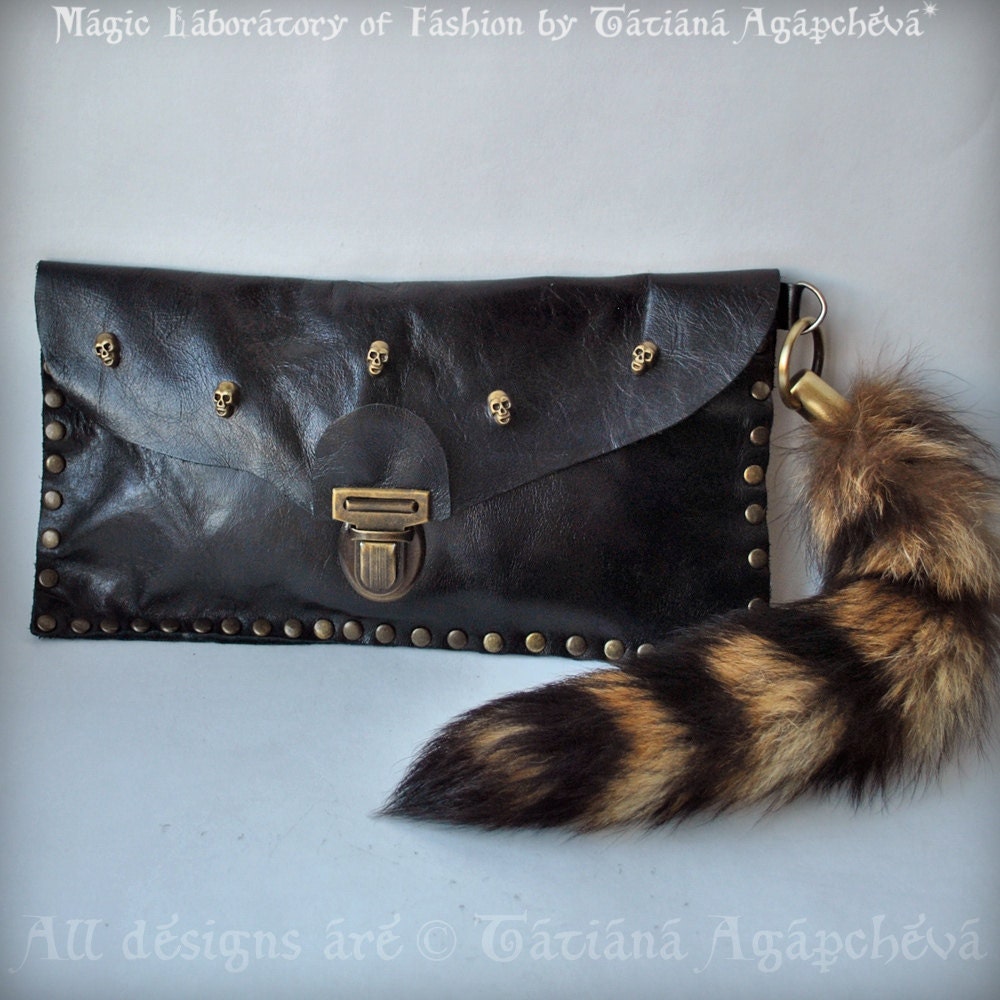 Leather Clutch, Skull Rivets, Toungue Clasp, Raccoon Fur Tail Keychain, Black, TianaCHE