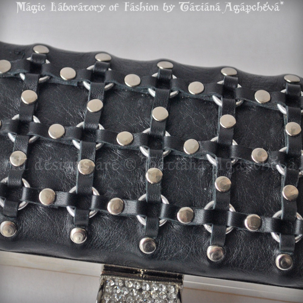 SALE Chainmaille Clutch, Purse Leather Italian Black Lambskin, intrecciato, Luxury, TianaCHE