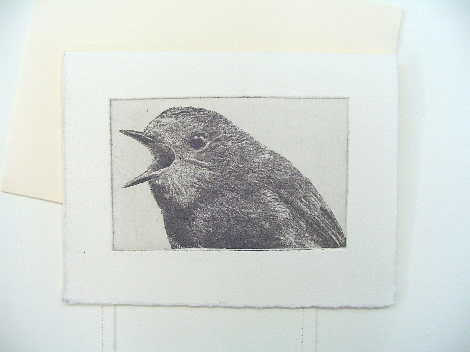 original etching of a shouting bird,hand pulled