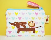 Dachshund Coin Purse - Doxie and Owl Sprinkled Candy Hearts in Pastel Tones