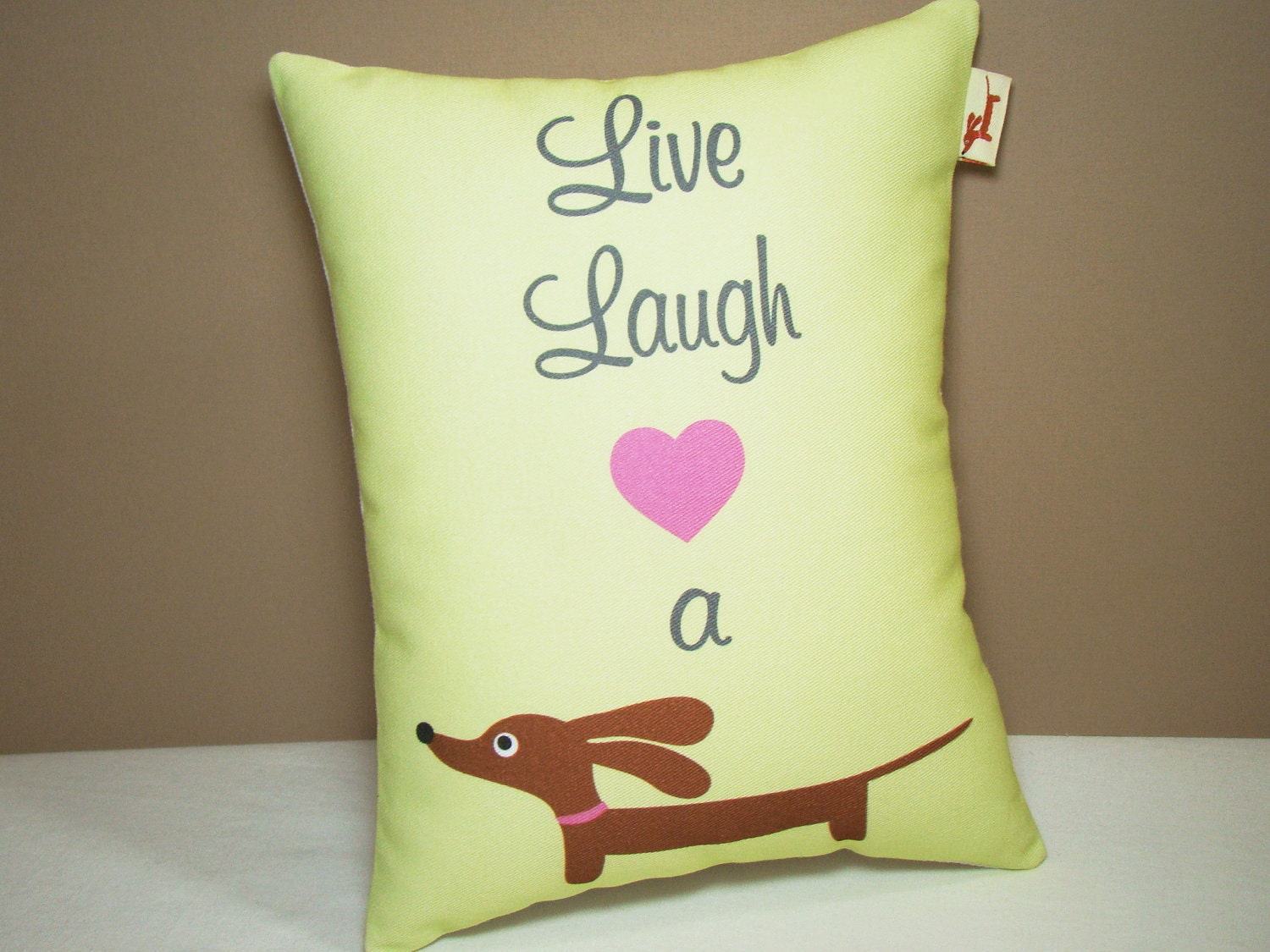 Live Laugh Love a Doxie Mini Rectangular Decorative Dachshund Whimsy Pillow Featuring Our Exclusive Custom Fabric in Fresh Celery