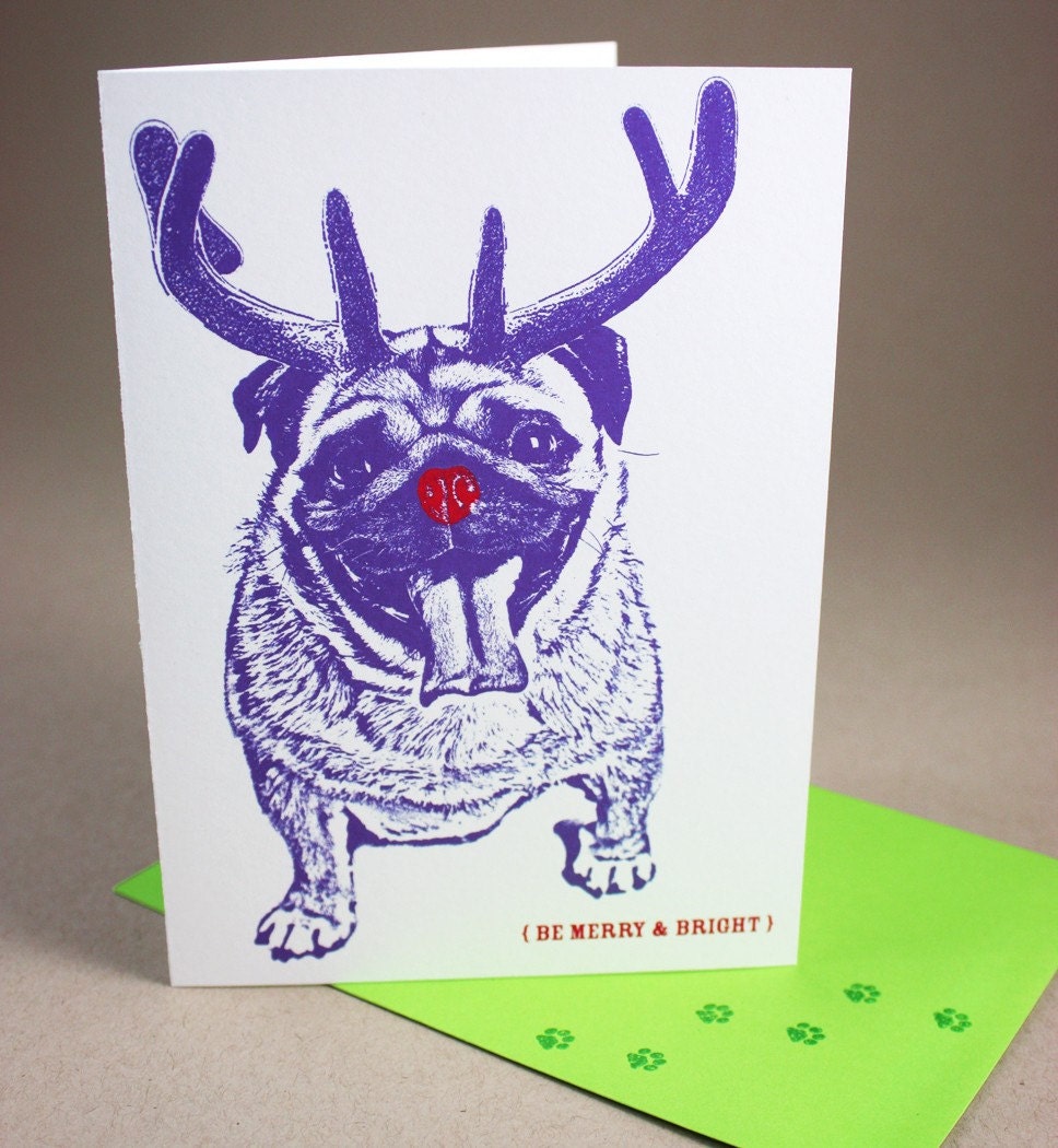 Pug a la Rudolph, Merry and Bright Holiday Card - Single Card