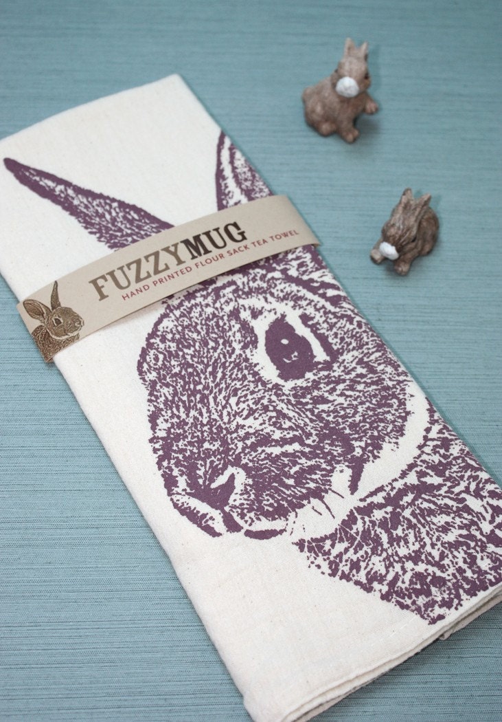 Fuzzy Bunny in Blush - Hand Printed Flour Sack Tea Towel (Unbleached Cotton)