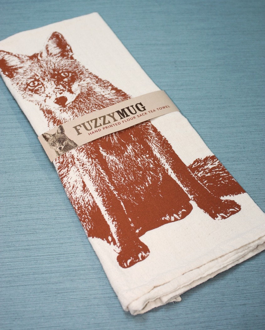 There's a Fox in My Kitchen - Hand Printed Flour Sack Tea Towel (Unbleached Cotton)