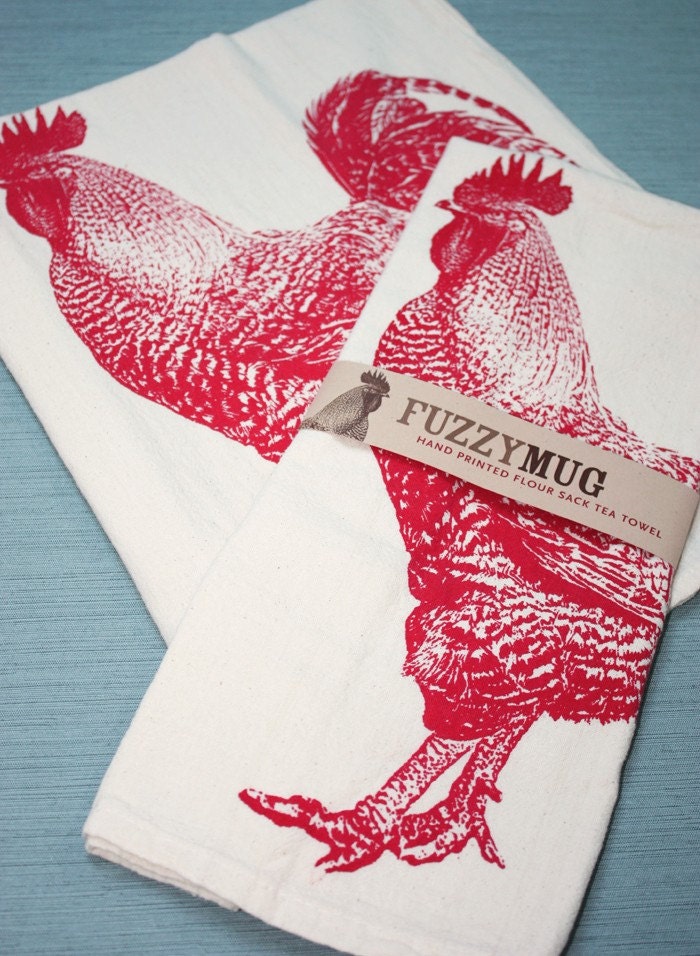 Rooster in Red - Hand Printed Flour Sack Tea Towel (Unbleached Cotton)