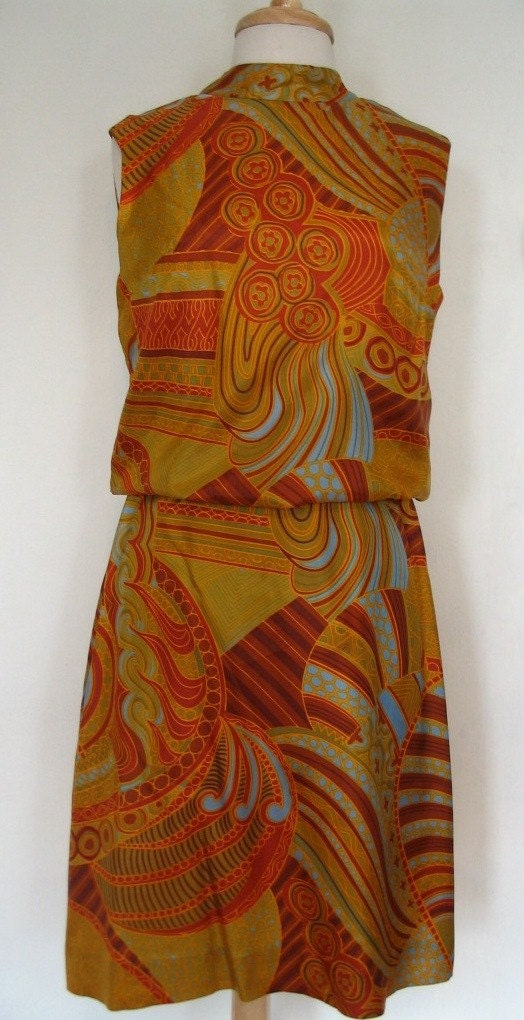 Fabulous Berkertex Mayfair Multicolor Swirl Silk Blouson Dress Size M-L