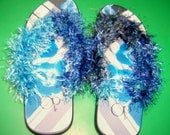BEACH BLUE Flip Flops Handmade Crochet Straps w/Fashion Fur Ladies Medium 7/8 OP Brand