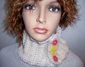 CUTE COWL Handmade Crochet White Neckwarmer/Headwarmer w/Pink and Yellow Daisy Buttons