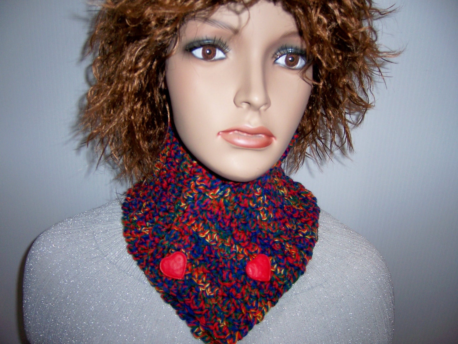 HAPPY HEARTS Cowl Handmade Crochet Multicolor Neckwarmer w/Red Heart Buttons