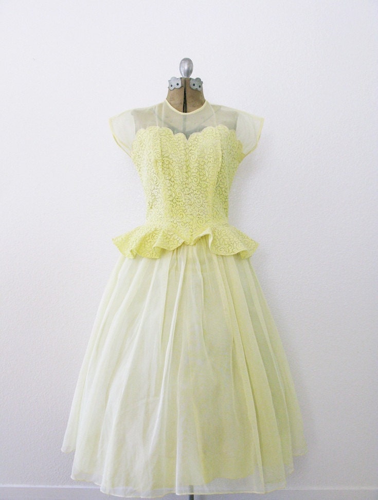 Vintage 1950's Romantic Lemon Lace Peplum Dress