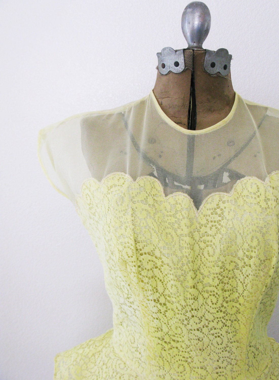 Vintage 1950's Romantic Lemon Lace Peplum Dress