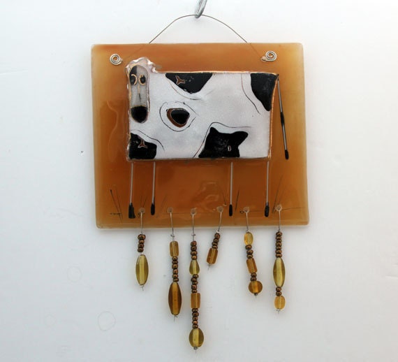 fused glass art  cow painting by Virtulyglass.