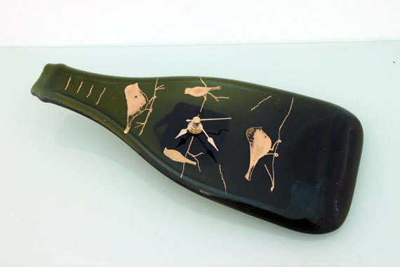 Fused glass  Wall clock  bird Silhouette in gold Design (Upcycled,Recycled)
