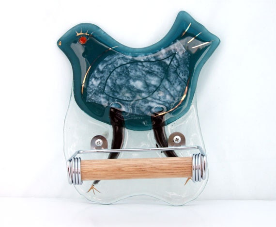toilet paper holder , Fused glass Turquoise  bird