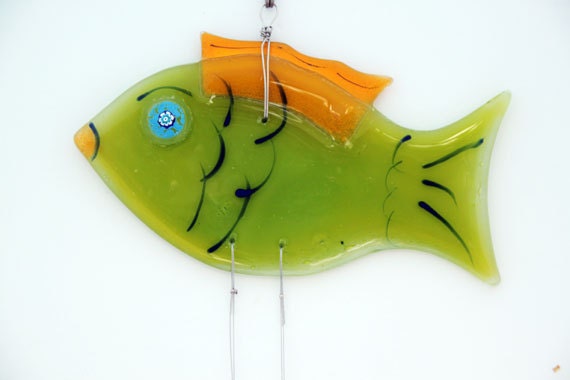 Fused Glass green fish  Windchime, Suncatcher