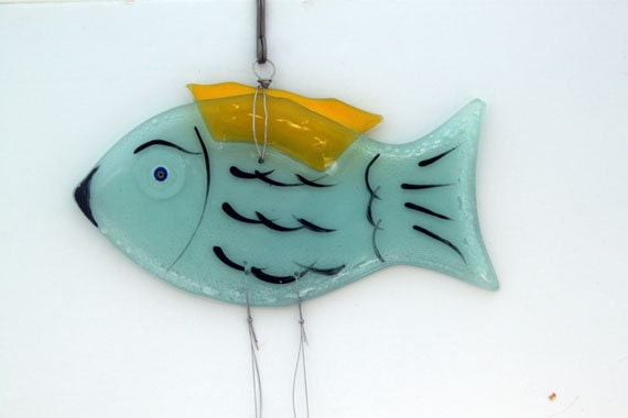 Fused Glass blue fish  Windchime, Suncatcher