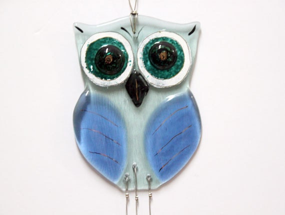 owl suncatcher  Windchime  mobile , Blue Sky  fused  Glass garden artwork