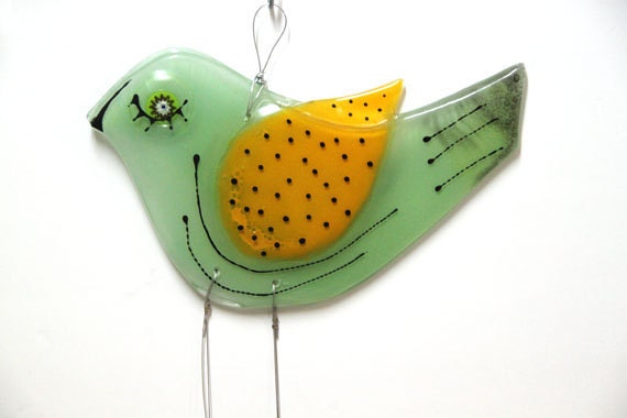 Fused Glass Windchime, Suncatcher, green bird