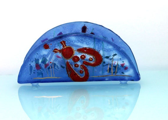Fused Glass Business Card Holder, red butterfly