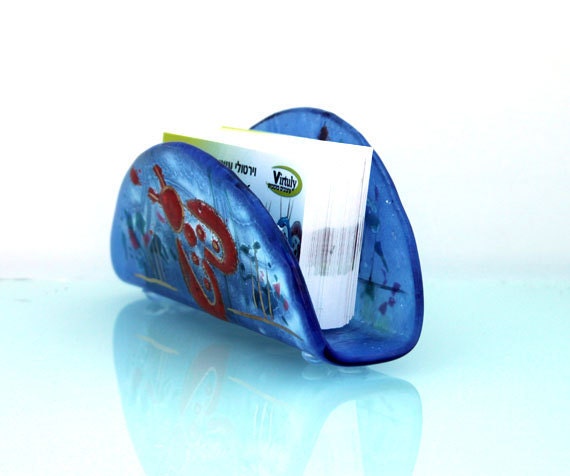 Fused Glass Business Card Holder, red butterfly