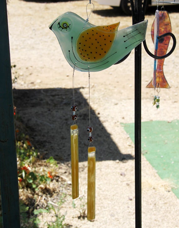 Fused Glass Windchime, Suncatcher, green bird