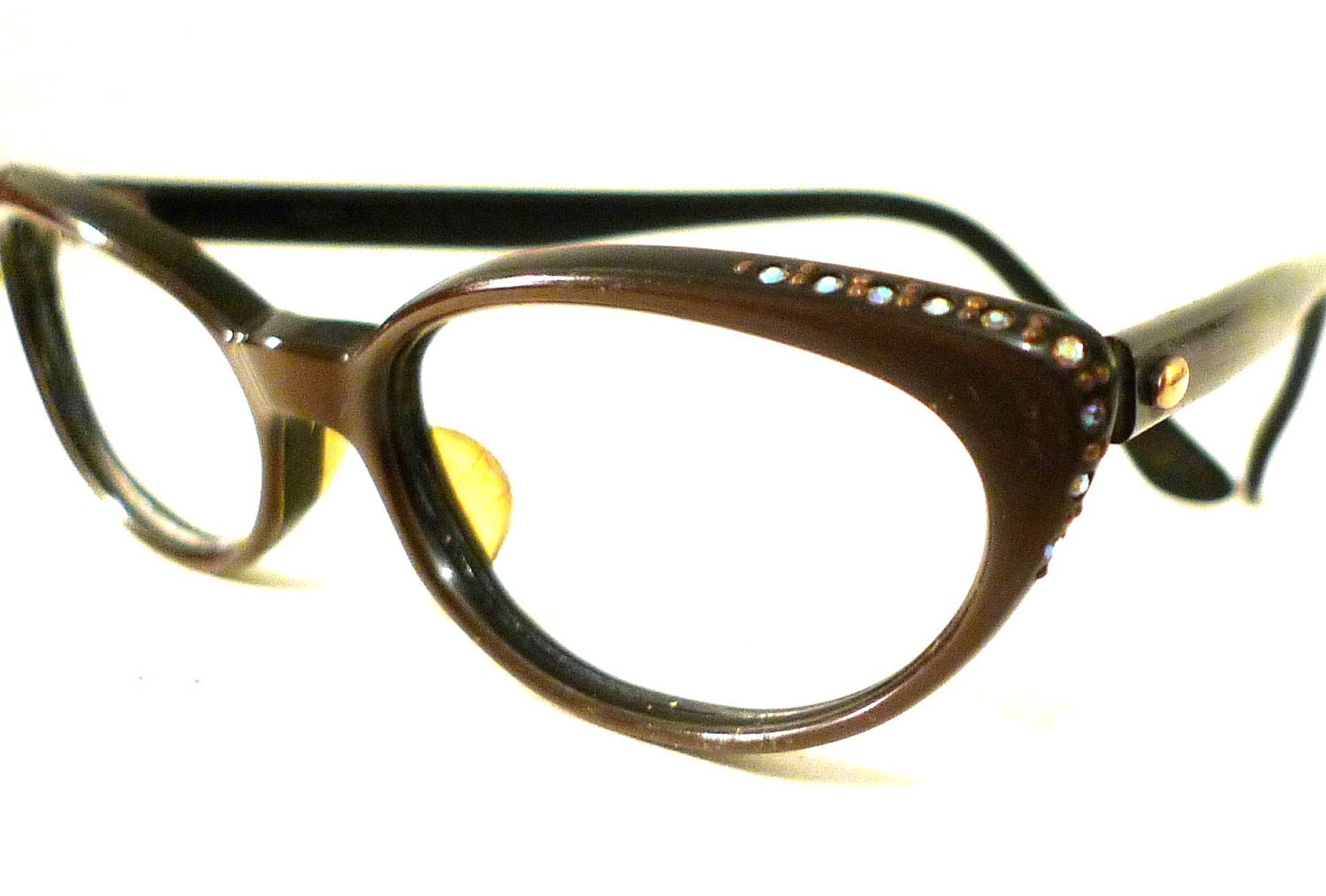 sale rhinestone Brunette Cat Eyes, Studded Brown Horn Rimmed Frame Spain, Eyeglasses or Sunglasses