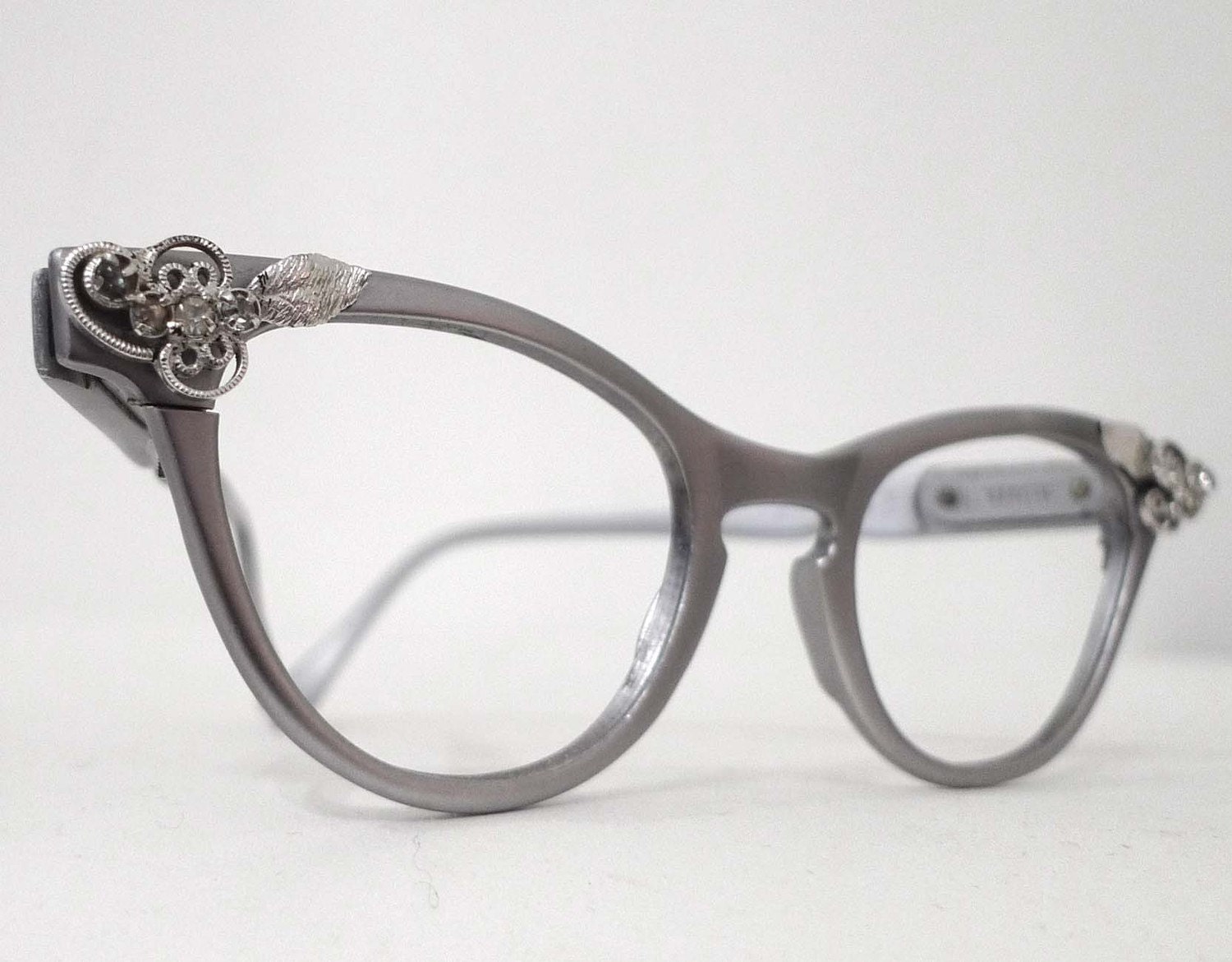 REserved Cool Matte Aluminum  Cat Eye Eyeglass Frames, 1950s 1960s, Rhinestones. Slightly Larger Cat Eye Frame