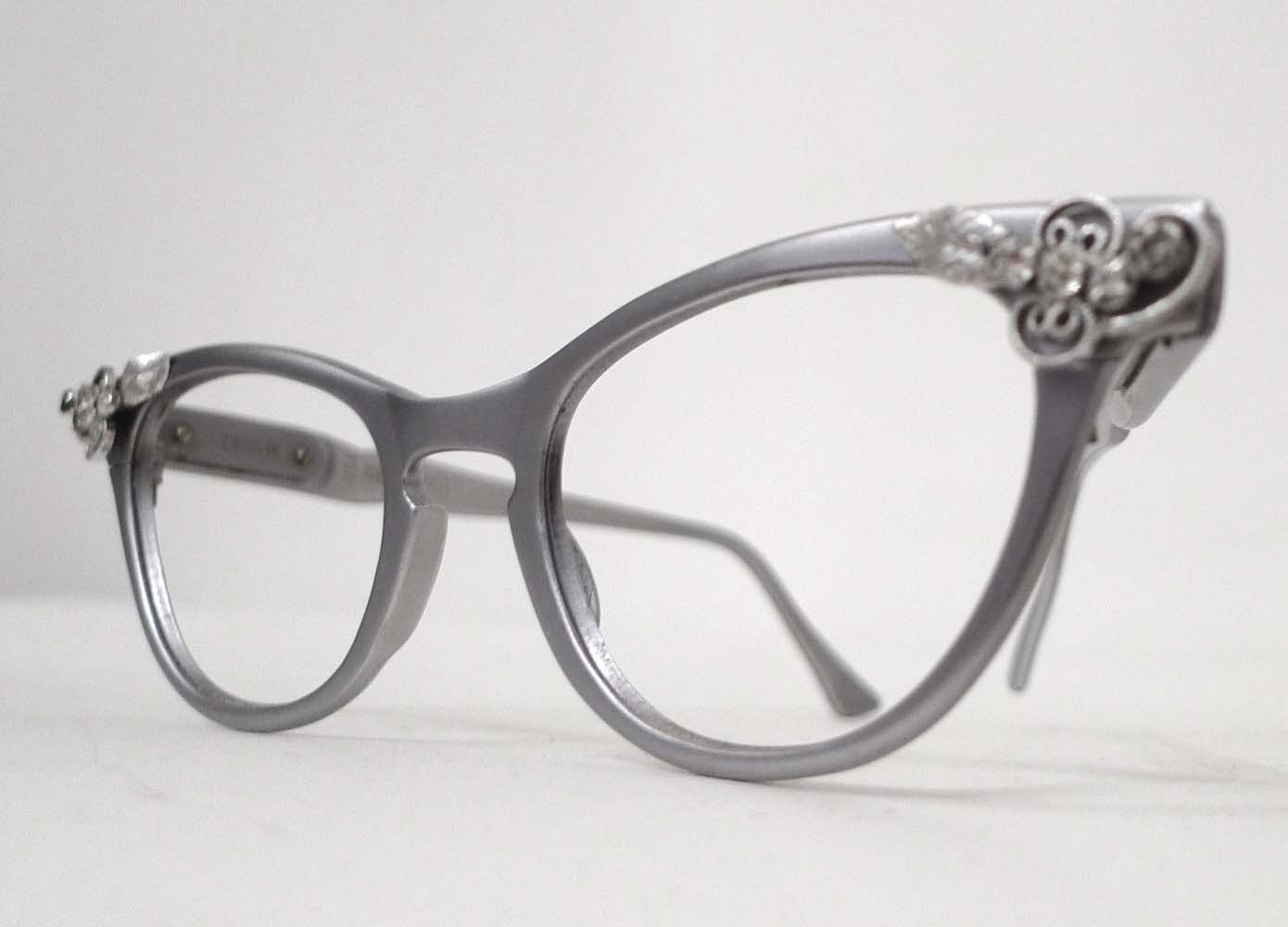 REserved Cool Matte Aluminum  Cat Eye Eyeglass Frames, 1950s 1960s, Rhinestones. Slightly Larger Cat Eye Frame