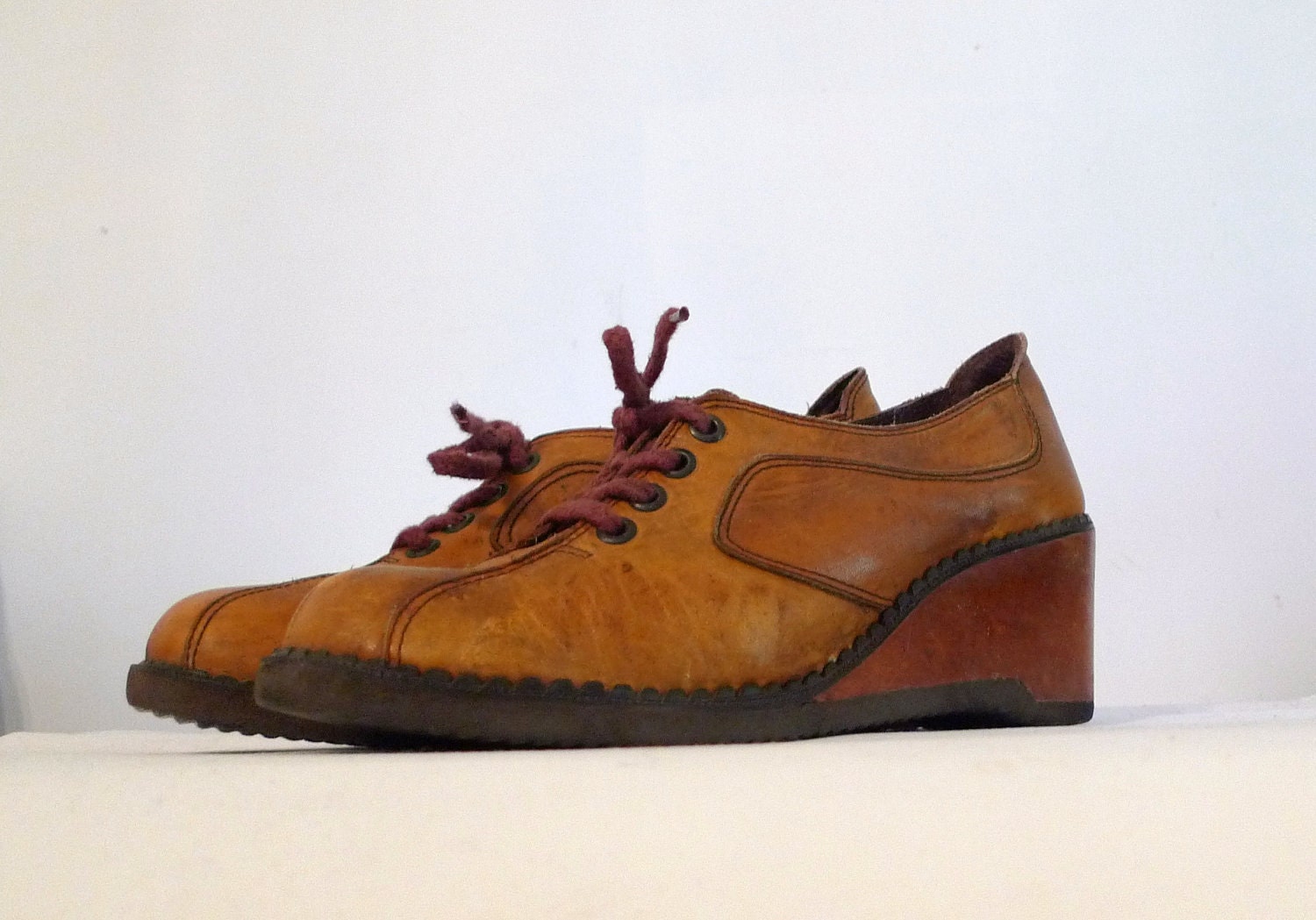 Sale 1970s Wood Heel Shoes // Dazed and Confused Leather Wooden Platform Oxford Sneakers, Sz. 7.5