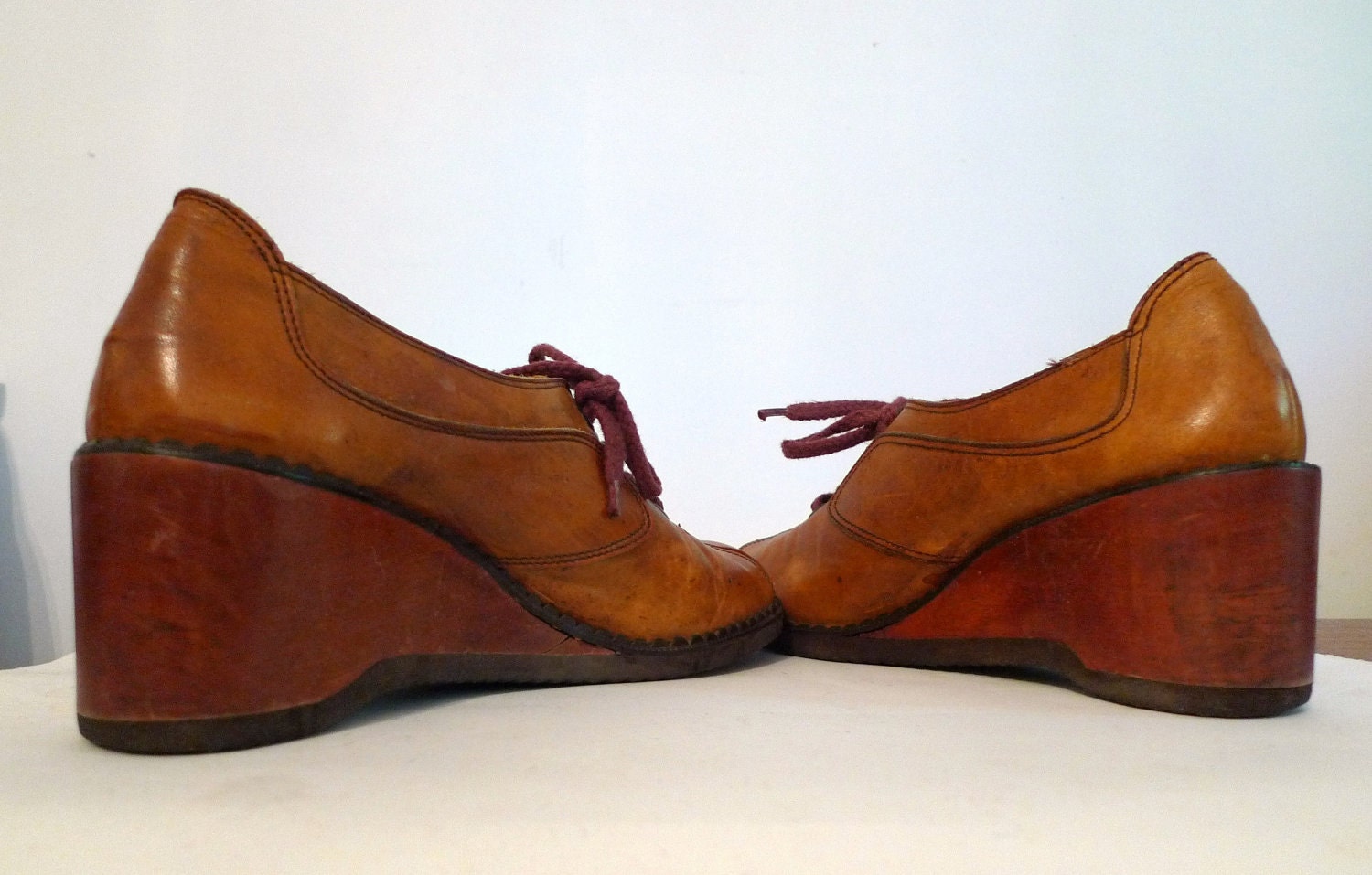 Sale 1970s Wood Heel Shoes // Dazed and Confused Leather Wooden Platform Oxford Sneakers, Sz. 7.5