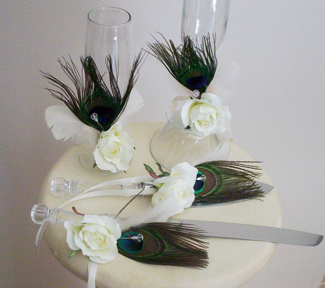 Wedding Reception Accessories Peacock Decoration tie ons for Bride Groom champagne glasses, Cake Servers Ivory Feathers