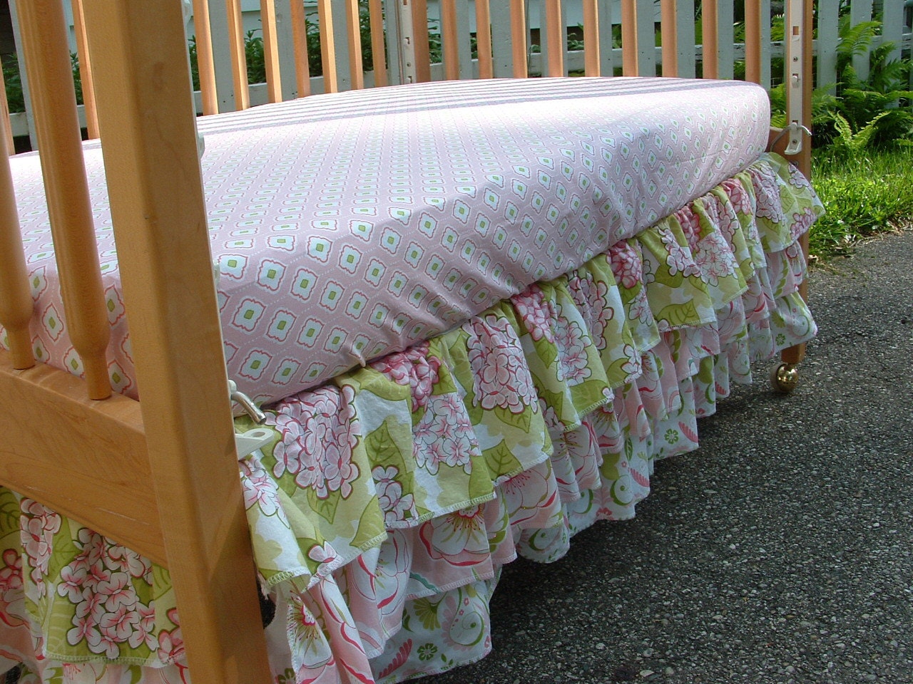 Sweet Butterflies - Custom Crib Bedding - 3 Tiered Ruffle Waterfall Skirt - Pink, Green, Aqua Blue
